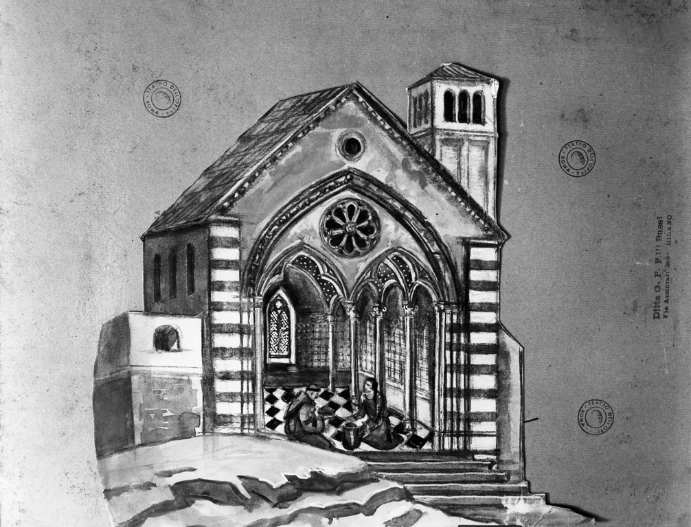 chiesa con due frati (bozzetto per scenografia) by Benois Nicola (sec. XX)